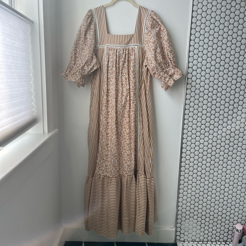 Loeffler Randall Brown Floral and Striped Long Sleeve Dress